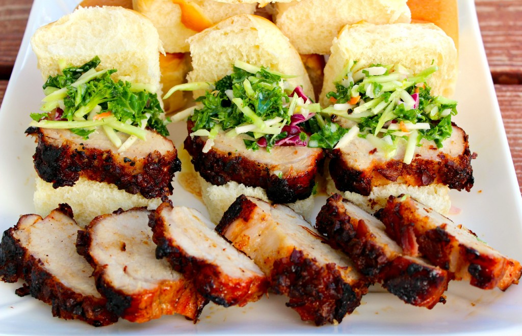 Pork Loin Sliders and Broccoli-Kale Citrus Slaw ~ Applewood bacon topped pork loin filet grilled and sliced then topped with a broccoli and kale slaw dressed in a tangy and slightly creamy citrus vinaigrette ~ The Complete Savorist