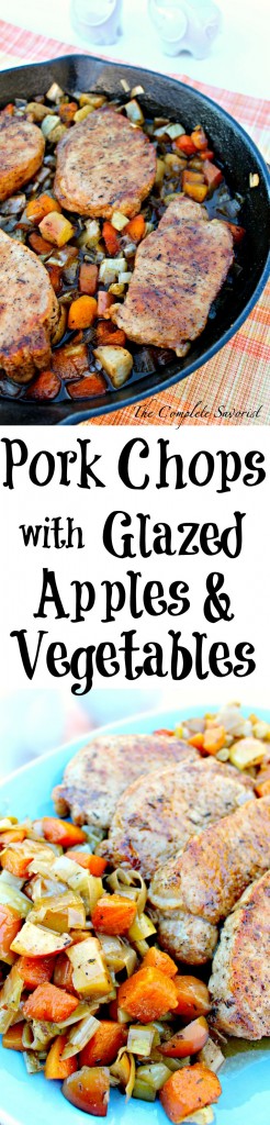 Pork Chops with Glazed Apples and Vegetables ~ Pan seared, thick cut pork chops oven roasted with apples, leeks, fennel, and butternut squash glazed in a herb brown sugar sauce ~ The Complete Savorist #SundaySupper