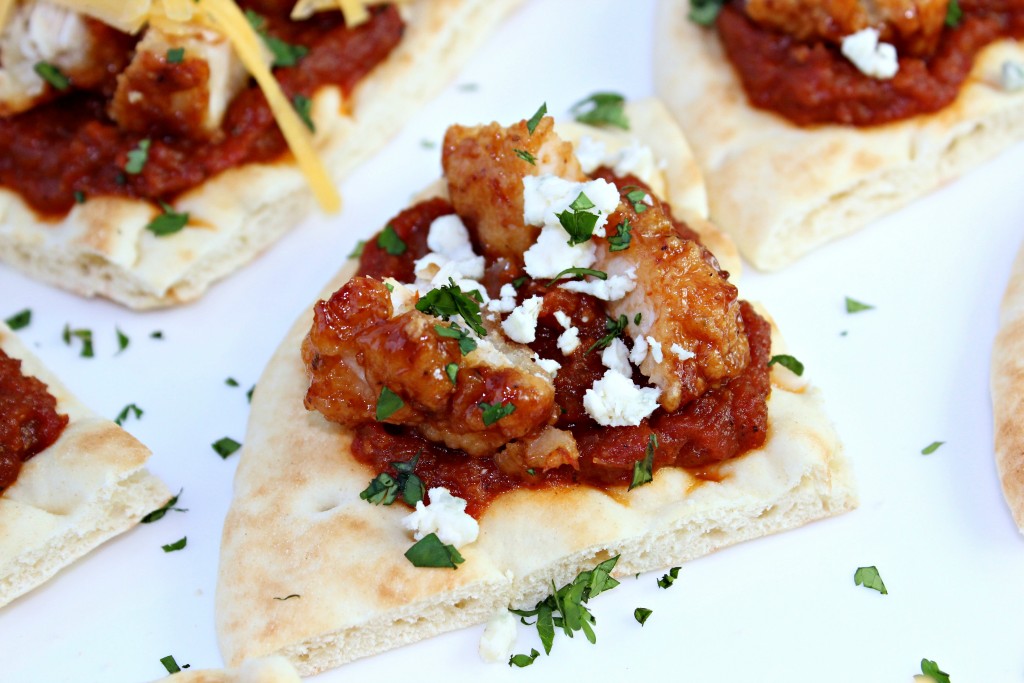 BBQ Chicken Pita Bites ~ Toasted Pita bread slathered with tomato bacon jam and chopped BBQ chicken pieces, then finished with cilantro and bleu or cheddar cheese ~ The Complete Savorist #GameDaySnackHacks ad