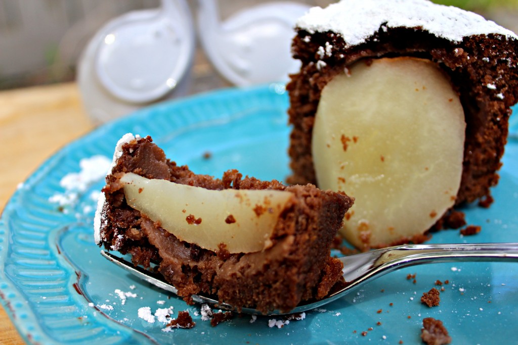 Chocolate Pear Cake ~ Rich and decadent chocolate cake with 4 pears baked whole inside, one fancy and tasty dessert for any occasion ~ The Complete Savorist