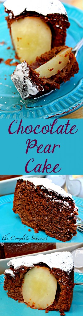 Chocolate Pear Cake ~ Rich and decadent chocolate cake with 4 pears baked whole inside, one fancy and tasty dessert for any occasion ~ The Complete Savorist