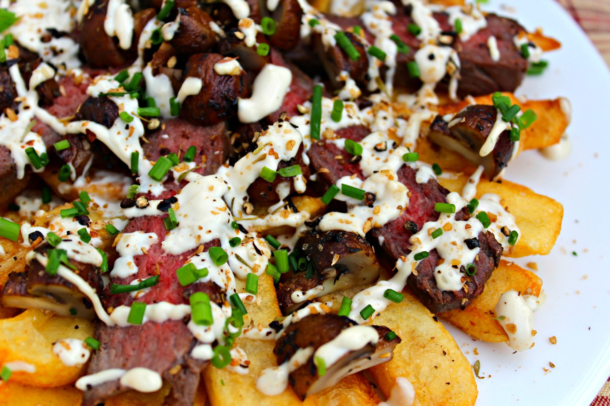 London Broil Loaded Fries with Mushrooms and Blue Cheese Sauce  The Complete Savorist