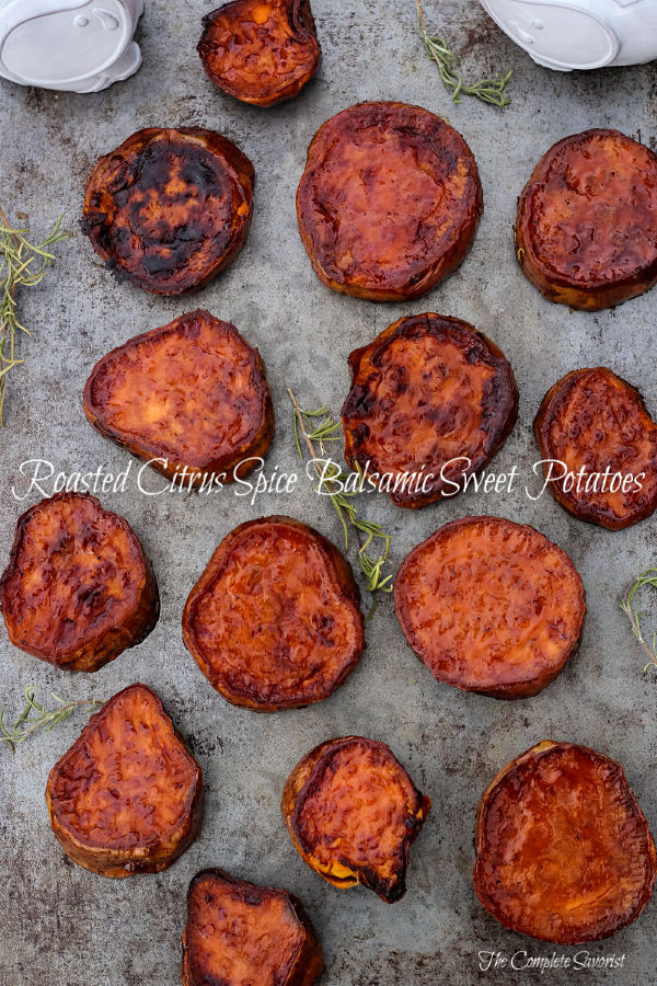 Citrus Spice Balsamic Roasted Sweet Potatoes are sweet potatoes deliciously intensified by roasting them in a glaze made from citrus spice balsamic vinegar ~ The Complete Savorist by Michelle De La Cerda